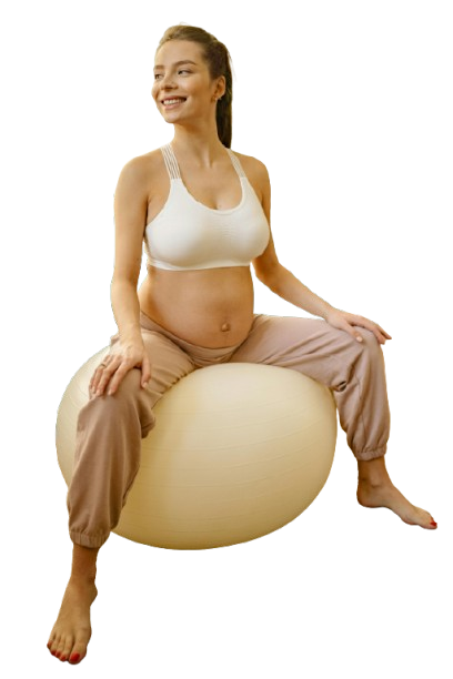 Pregnant woman sitting on a fitness ball in activewear, promoting safe prenatal exercises and healthy pregnancy routines.